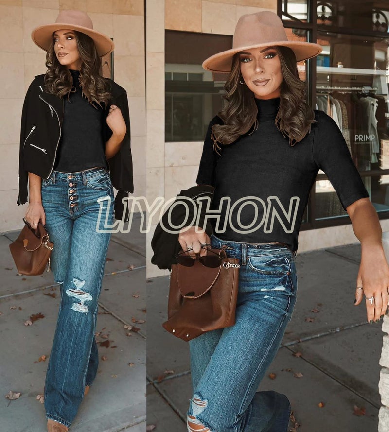 LIYOHON Womens Tops Dressy Casual Mock Turtleneck Business Short Sleeve T Shirts Going Out Tops 2025 Black-S - Image 2